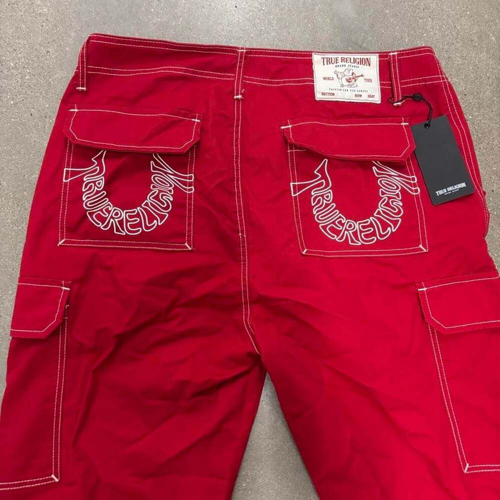 True Religion Cargo Pants Red White Contrast Stitch Mens 34